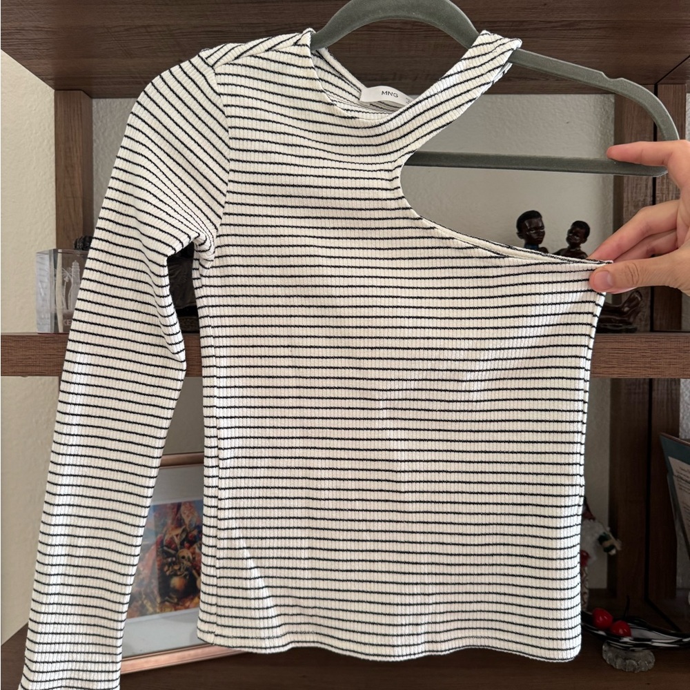 Mango Black & White Asymmetric Cutout Ribbed Long Sleeve Top